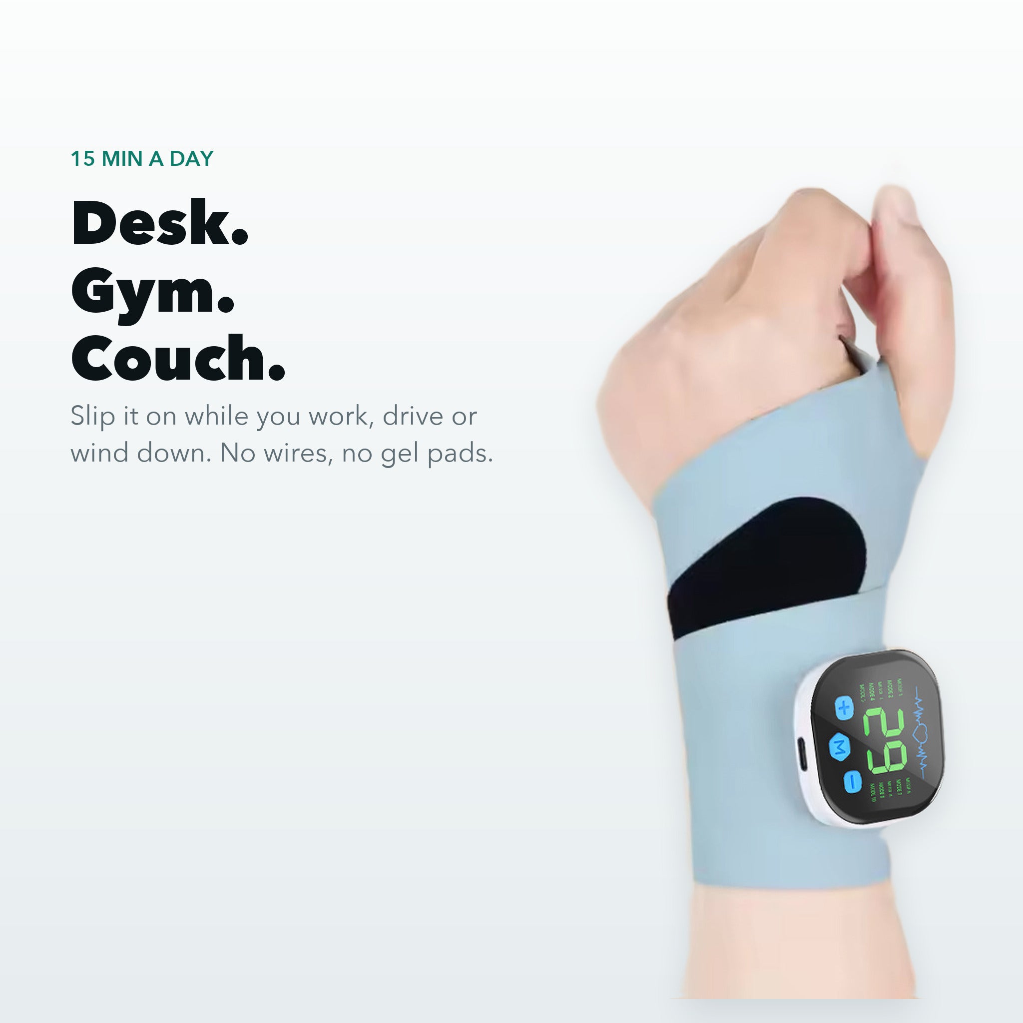 EMS wrist massager in blue, worn at the desk, gym or on the couch