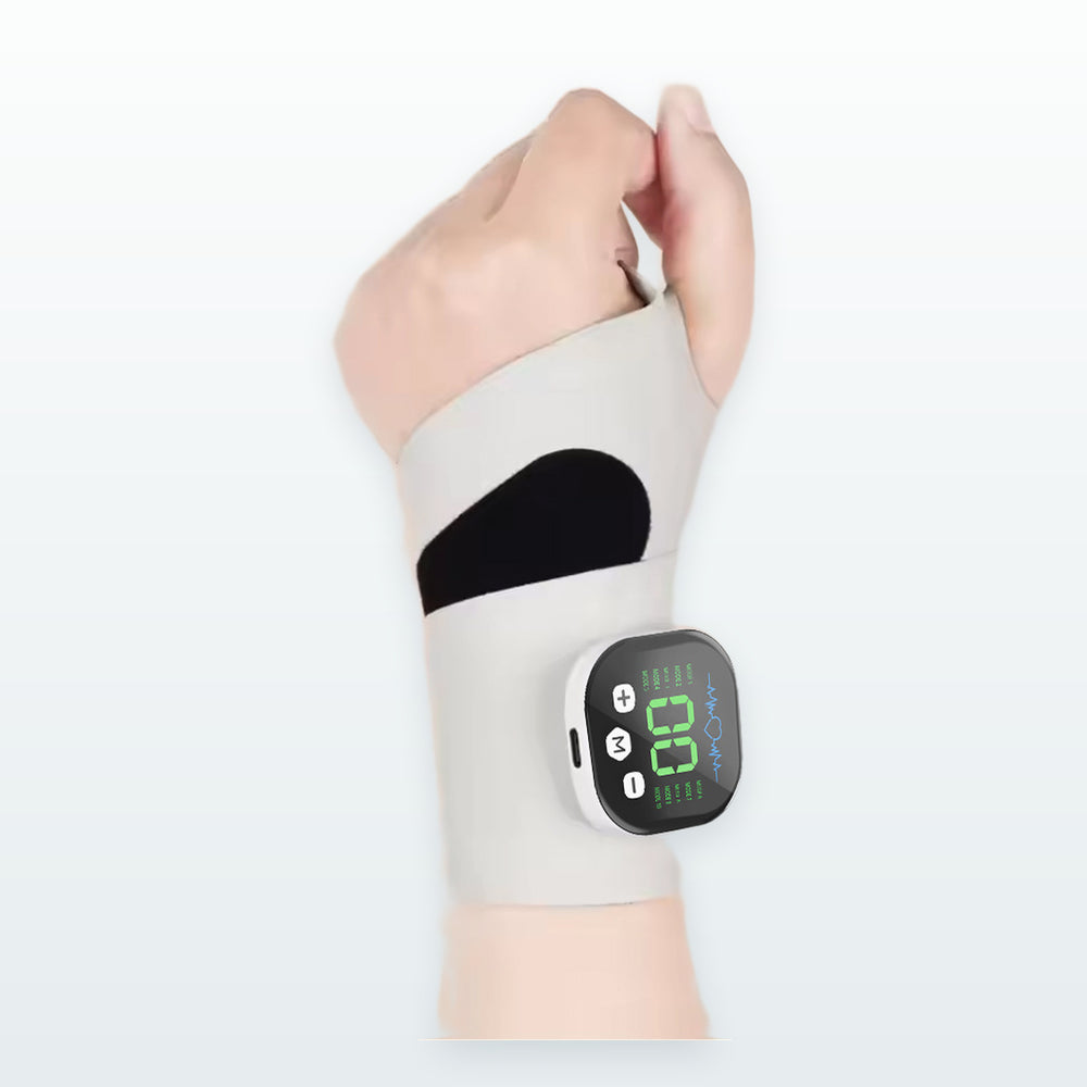 EMS wrist massager worn on the wrist, white